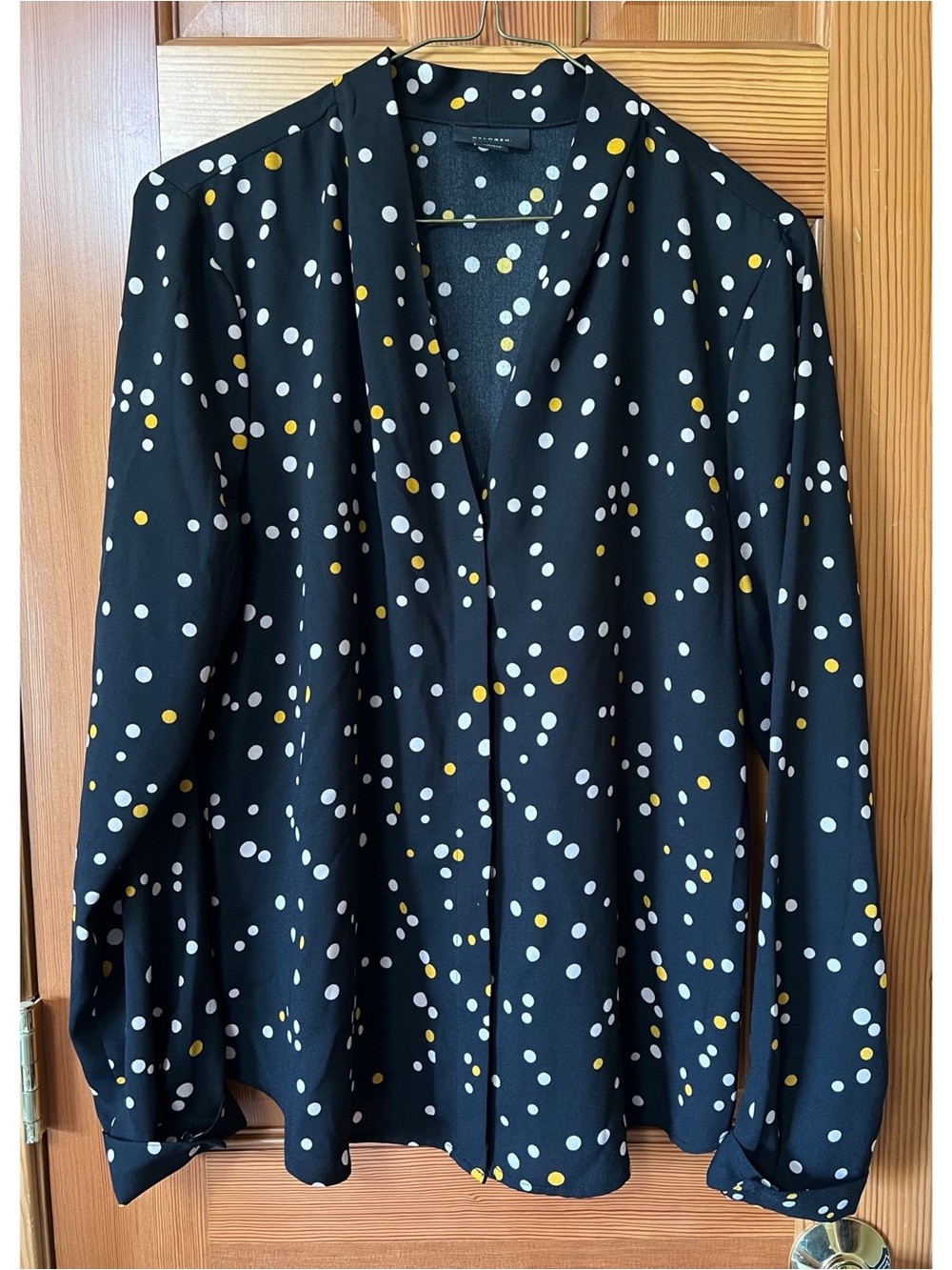 Halogen Black V-Neck Blouse with White and Yellow Polka Dots